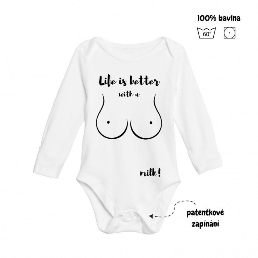 Body - Life is better with a milk - Velikost: 0 - 3 měsíce, Varianta: Krátký rukáv